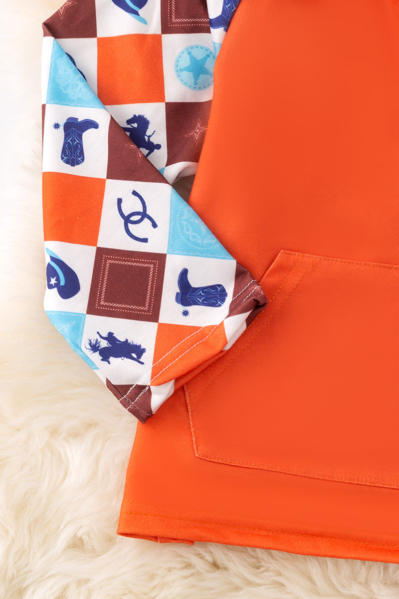 (Western) Orange western printed sleeve pullover. TPB50503