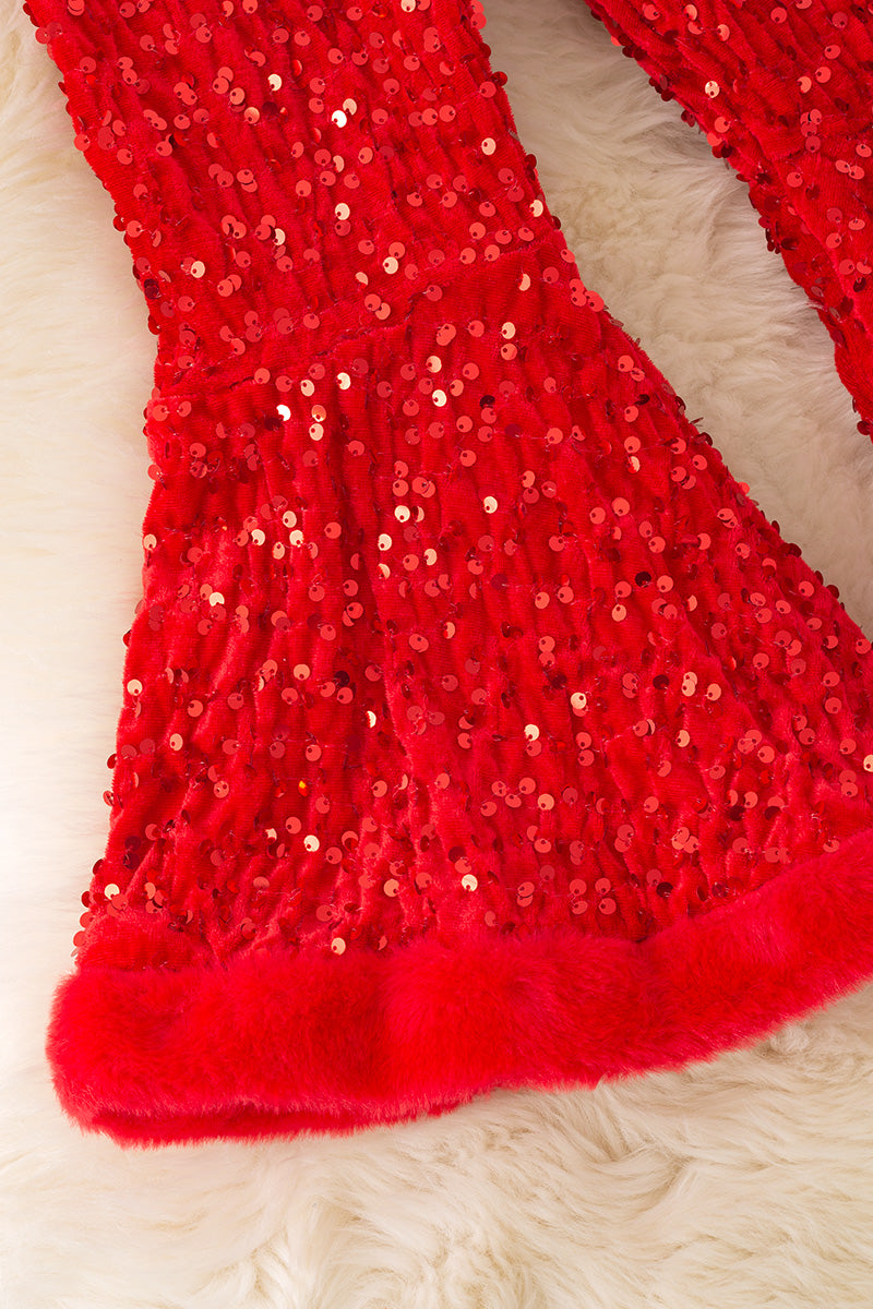 Red sequins bell bottoms with faux fur trim. PNG50267