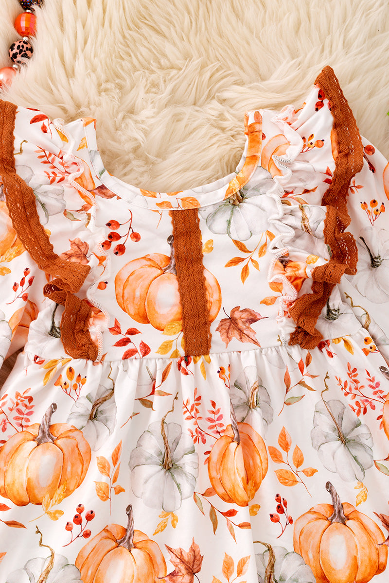 Pumpkin fall printed girls dress with angel sleeve. DRG53050