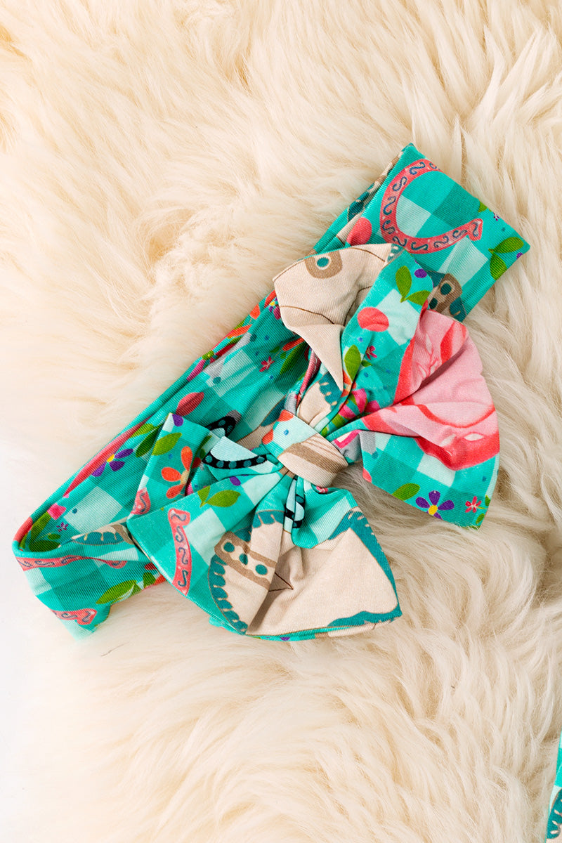 🎍Bamboo green gingham western baby onesie with matching headband.