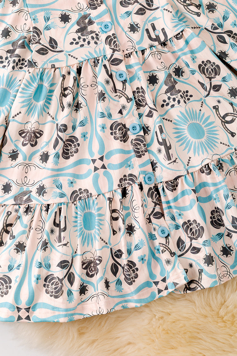 Aqua floral printed girl tiered dress.