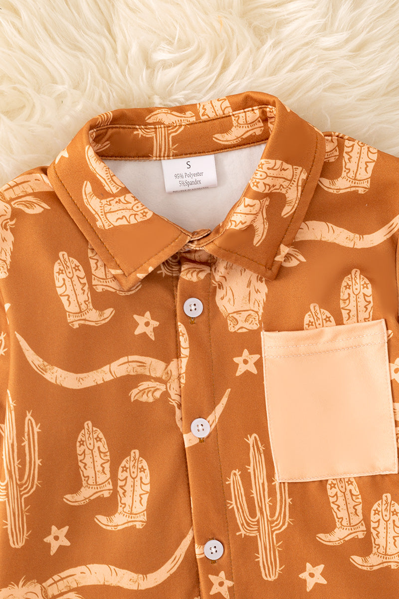 Brown longhorn cow printed boys button up shirt. (WESTERN