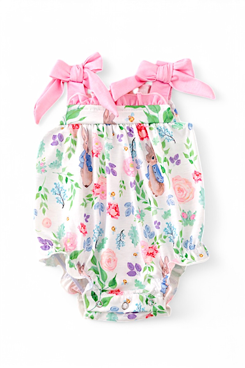 Easter bunny girls baby onesie with snaps.