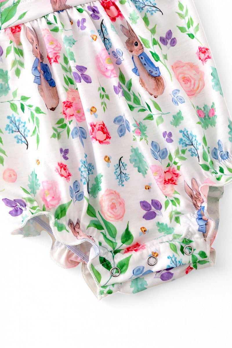 Easter bunny girls baby onesie with snaps.