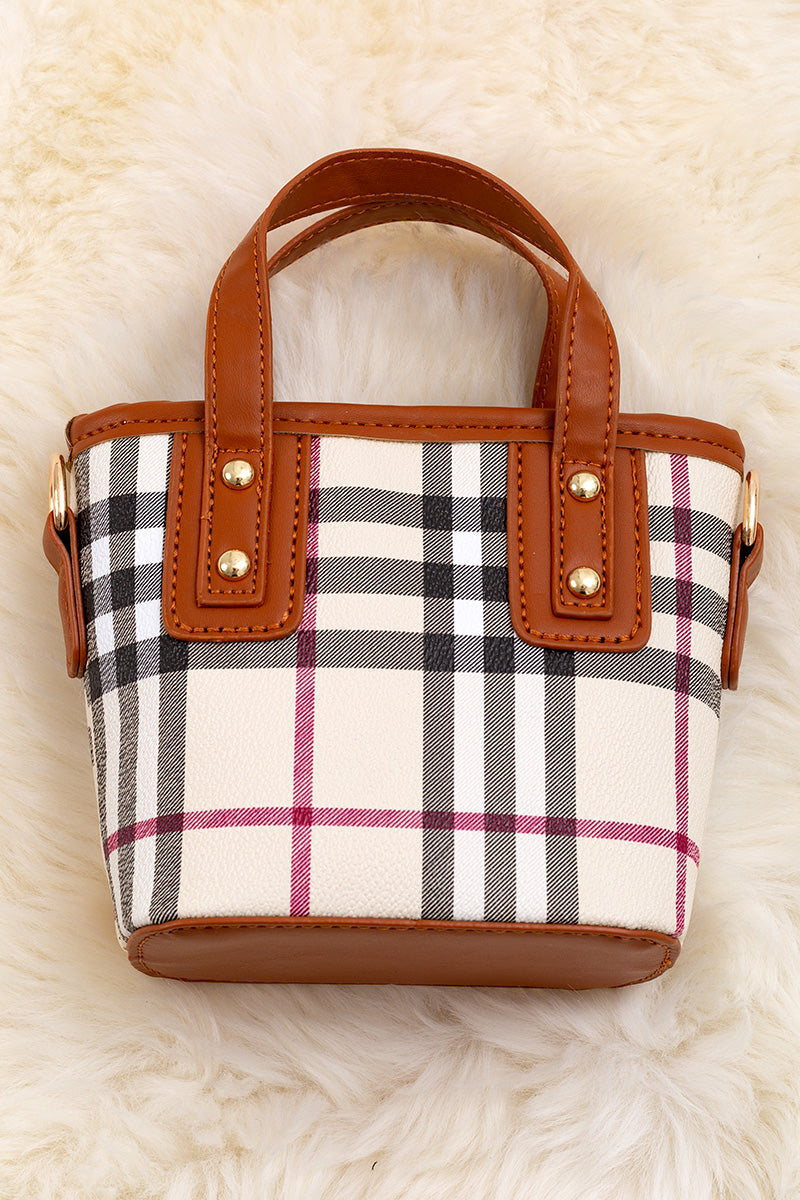 Plaid printed mini tote bag with caramel trim