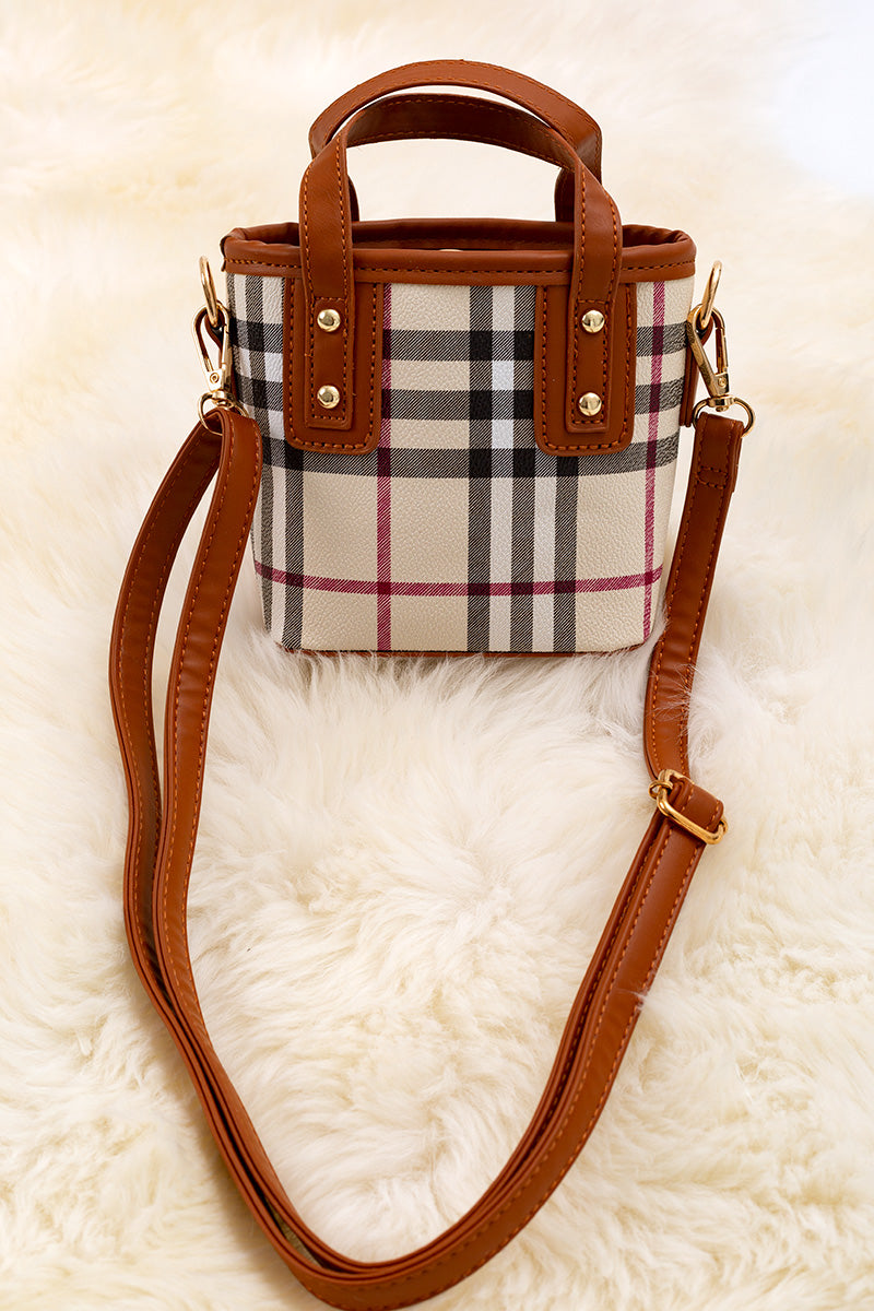 Plaid printed mini tote bag with caramel trim