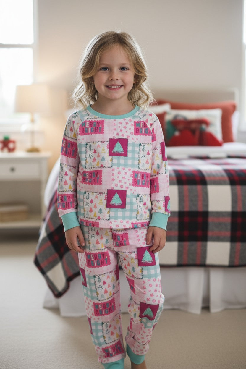 Merry & Bright" Pink and aqua pajamas set.