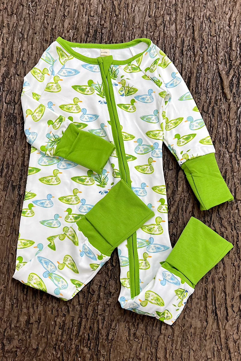 GREEN DUCK PRINTED BABY ROMPER WITH FOLD OVER HANDS & FOOTIES. LR0505-9-A
