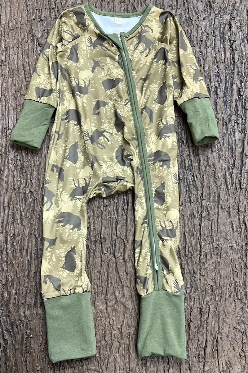 MOSS GREEN W/ WILD ANIMAL PRINTED BABY ROMPER. FOLD OVER HANDS & FOOTIE. LR0505-7-A