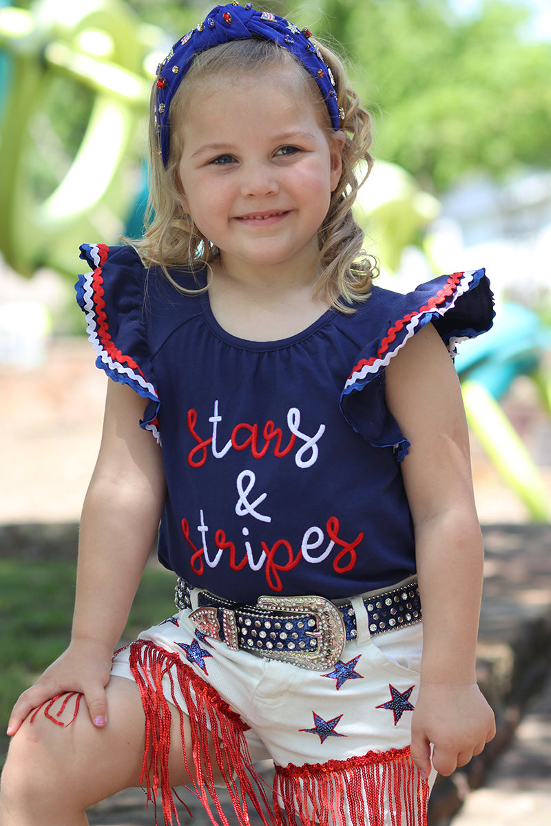 Stars & Stripes patriotic navy blue top & white denim shorts.