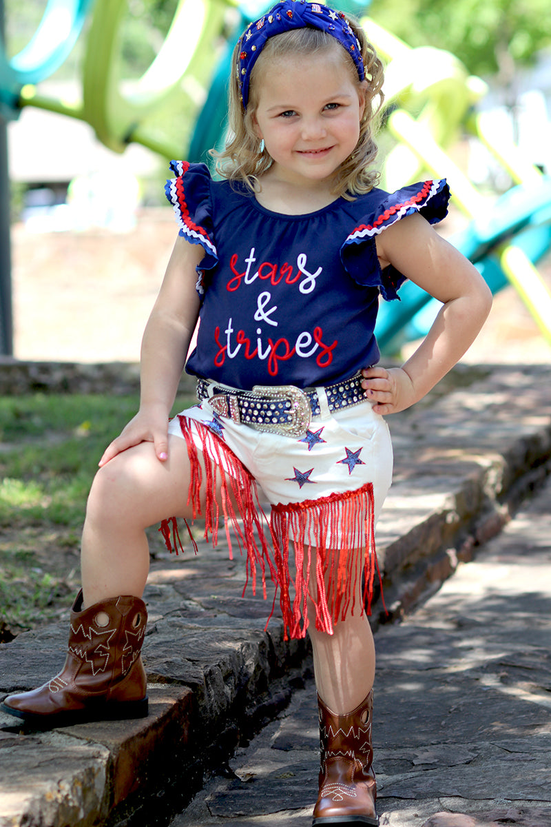 Stars & Stripes patriotic navy blue top & white denim shorts.