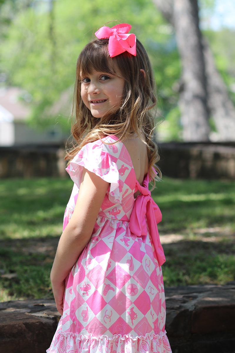 Cowgirl diamond print dress with ruffle hem and angel sleeves. DRG51210