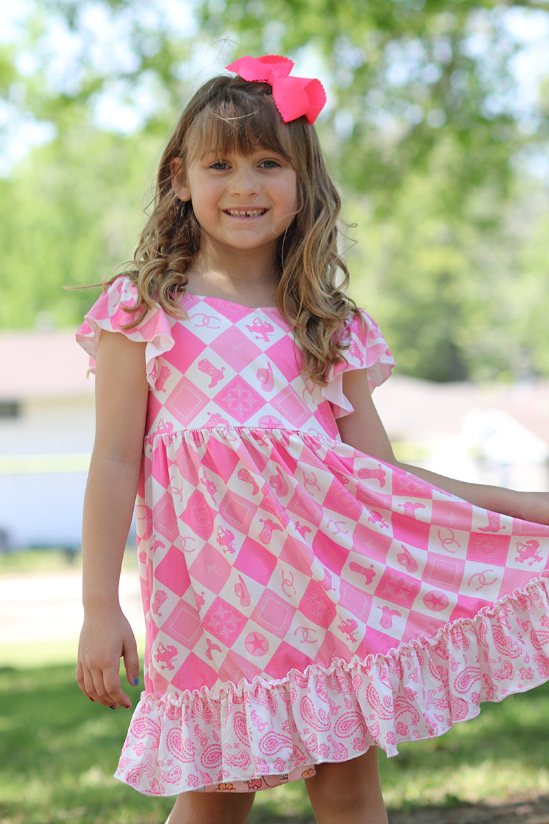 Cowgirl diamond print dress with ruffle hem and angel sleeves. DRG51210
