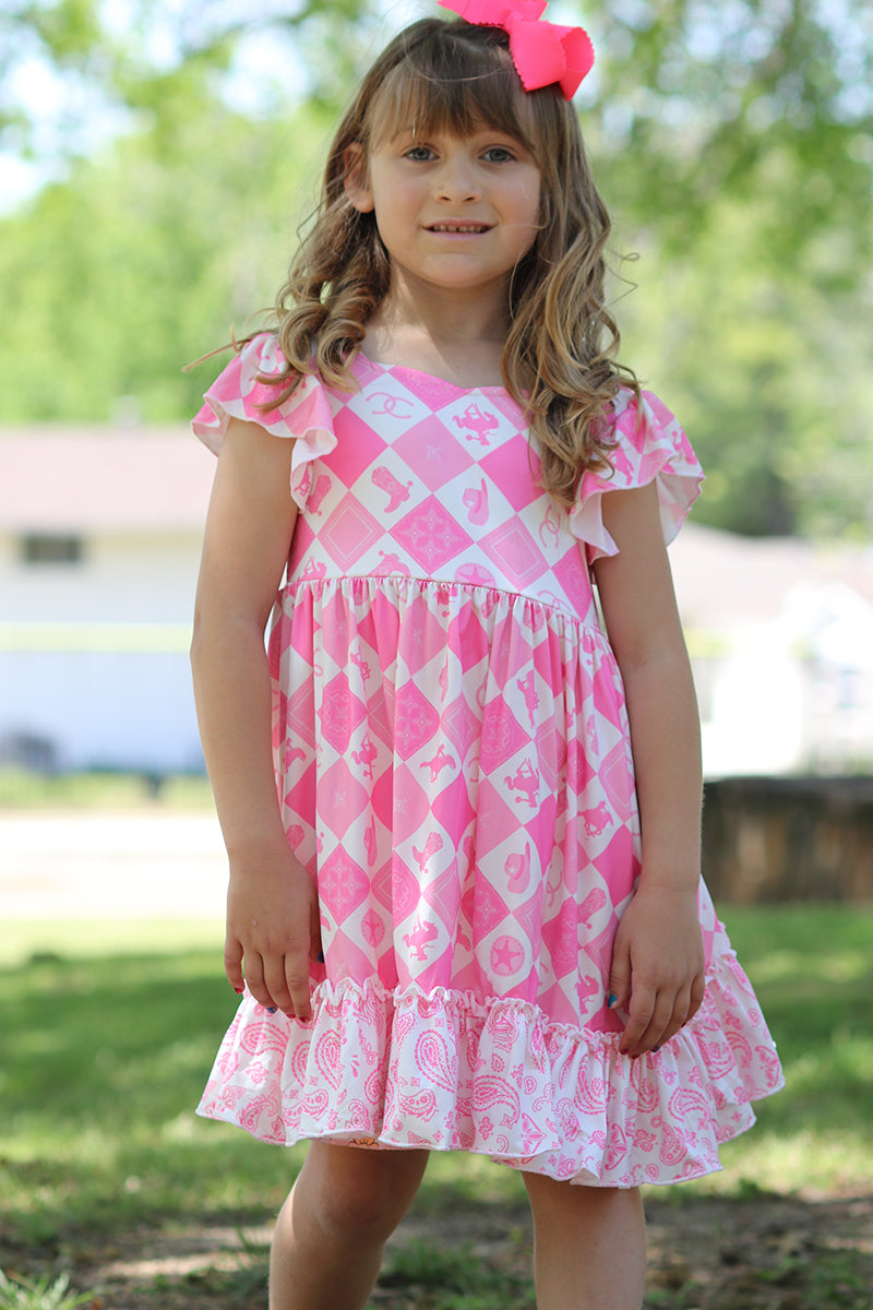 Cowgirl diamond print dress with ruffle hem and angel sleeves. DRG51210