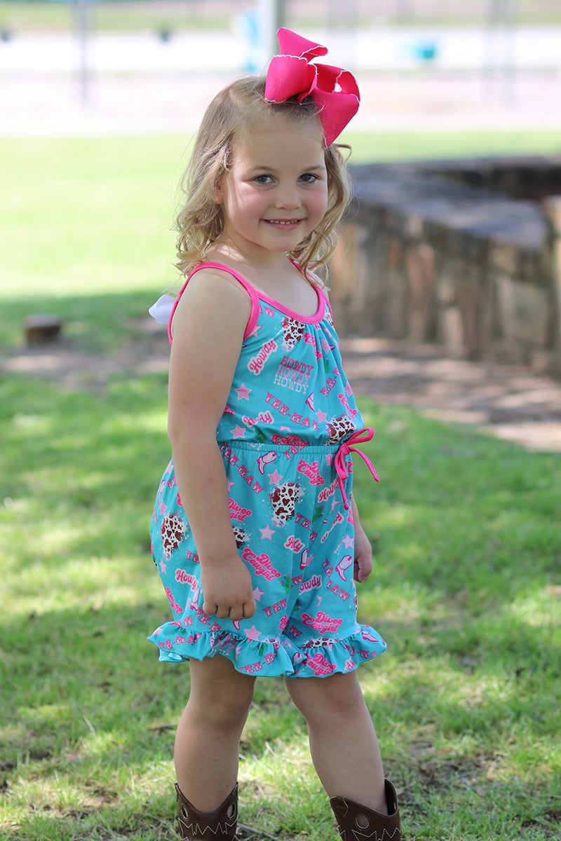 Howdy turquoise romper with fuchsia trim and ruffle hem. PNG50208