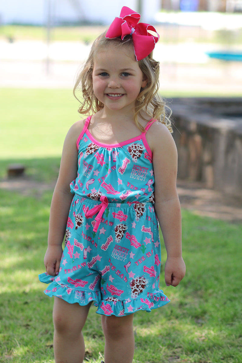 Howdy turquoise romper with fuchsia trim and ruffle hem. PNG50208
