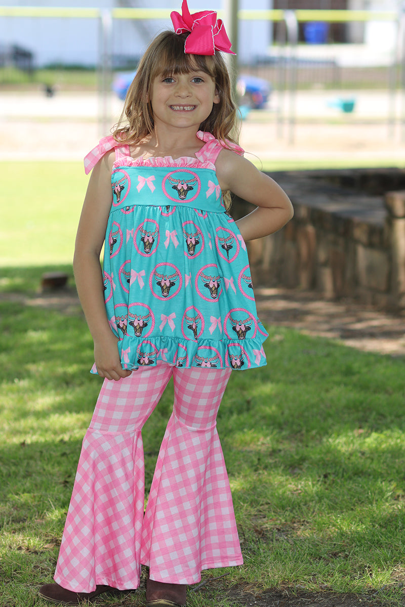 "Dearly Loved" Girls western tunic & gingham bell bottoms. OFG50616