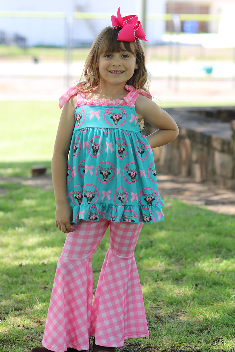 "Dearly Loved" Girls western tunic & gingham bell bottoms. OFG50616