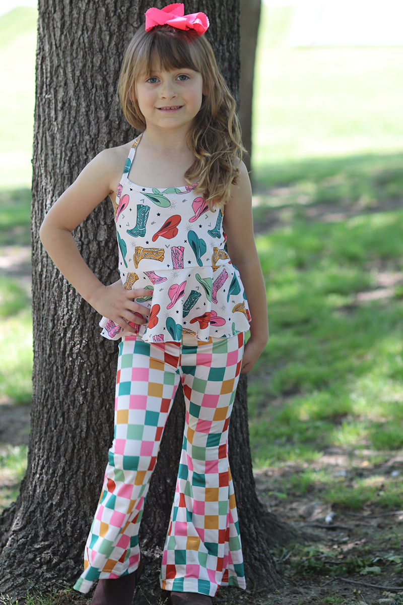 Cowgirl boots & checker printed bottoms 2 piece set.