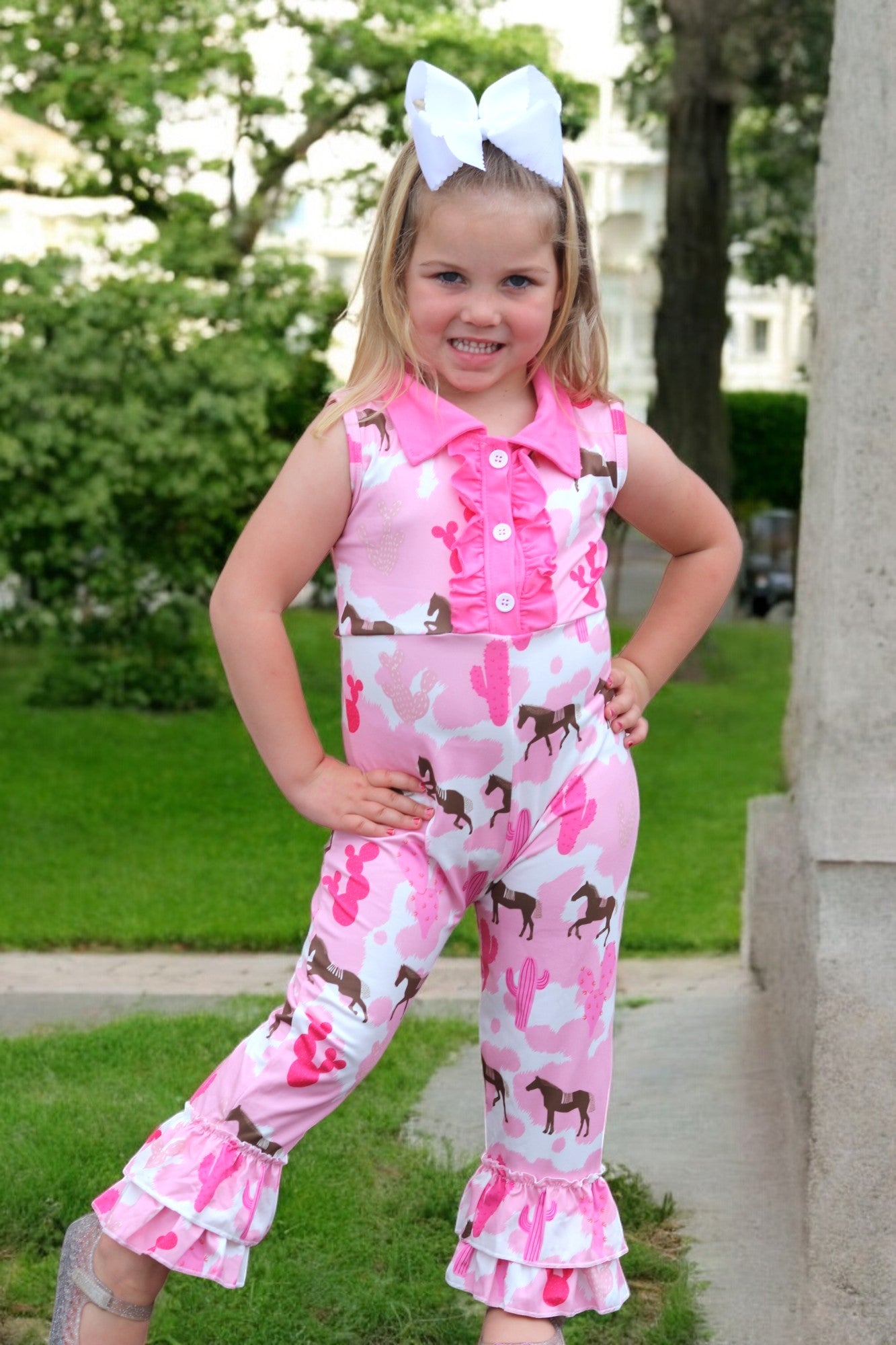 Horse and cactus western printed girls baby romper. SR031202