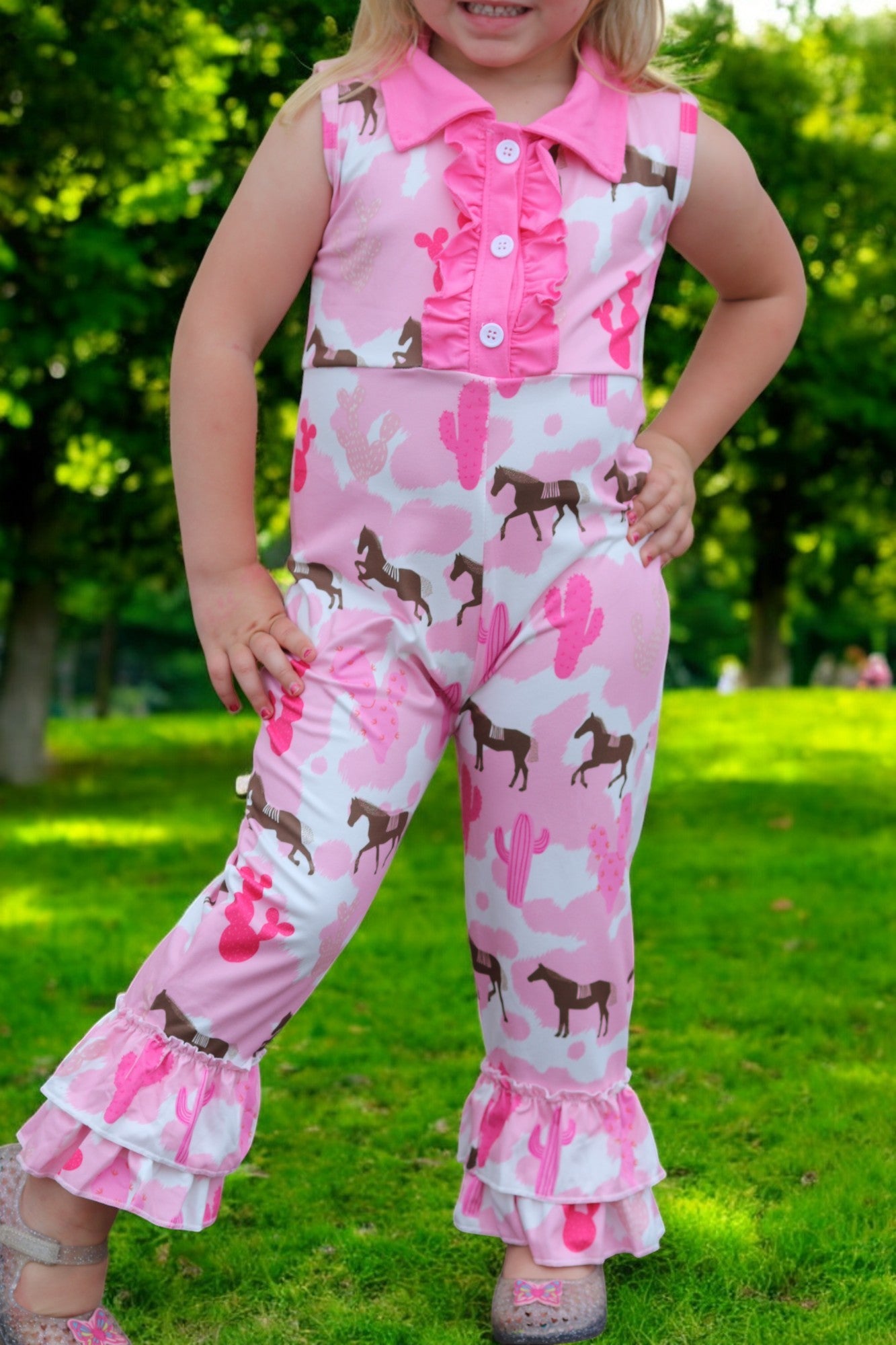 Horse and cactus western printed girls baby romper. SR031202