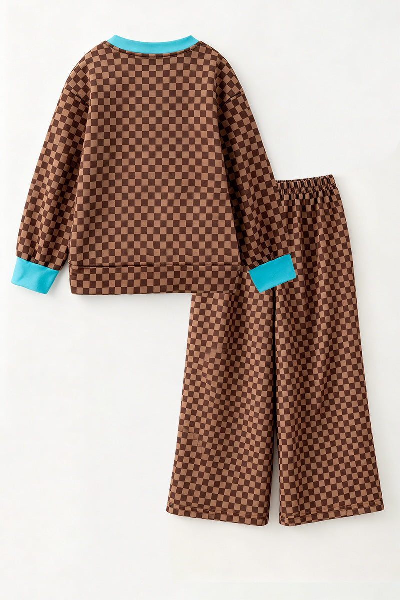Brown & tan checkered girls 2 piece set. OFG61136 AMY