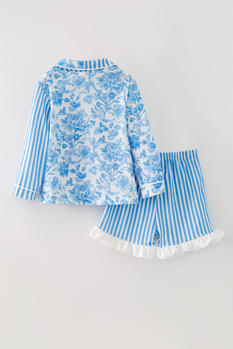Blue Floral & stripe printed girls pajamas. PJG60438 S-