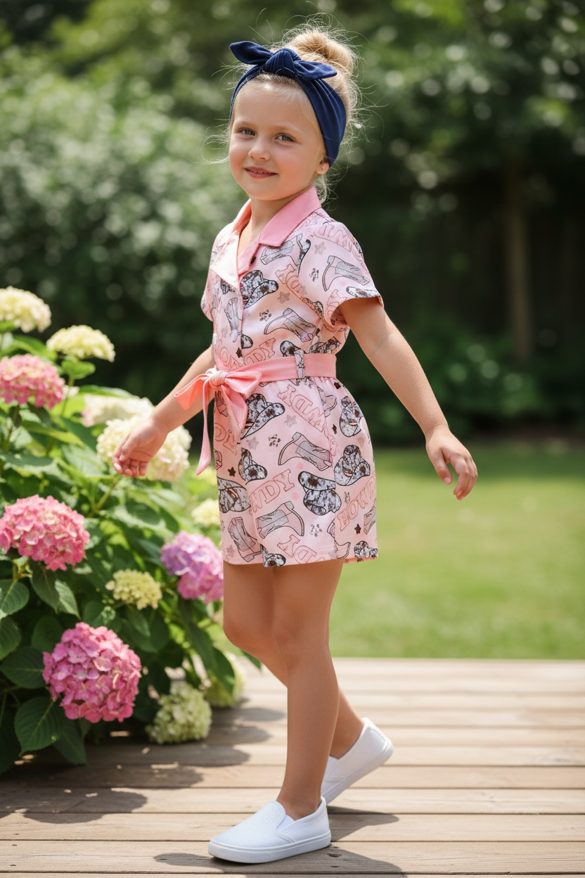 Howdy" Pink Western printed girls romper.
