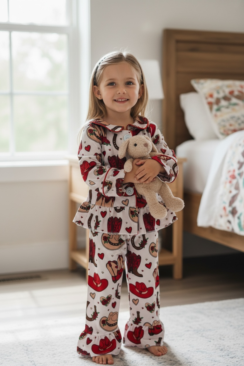 Valentines/western printed girls pajamas with ruffle hem.