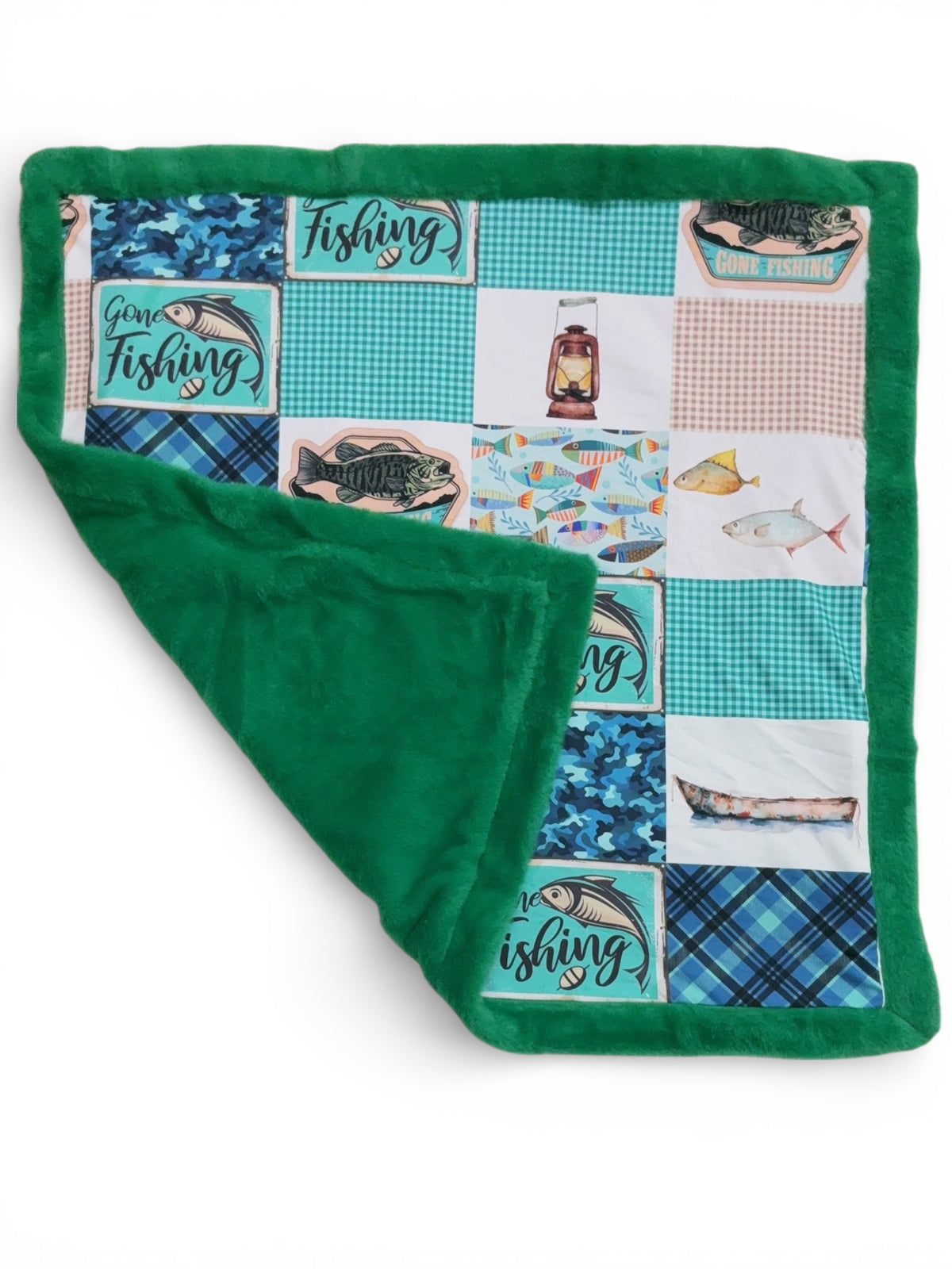 32" x 32".Gone Fishing multi-patch printed baby blanket. BL102328-32*32inches