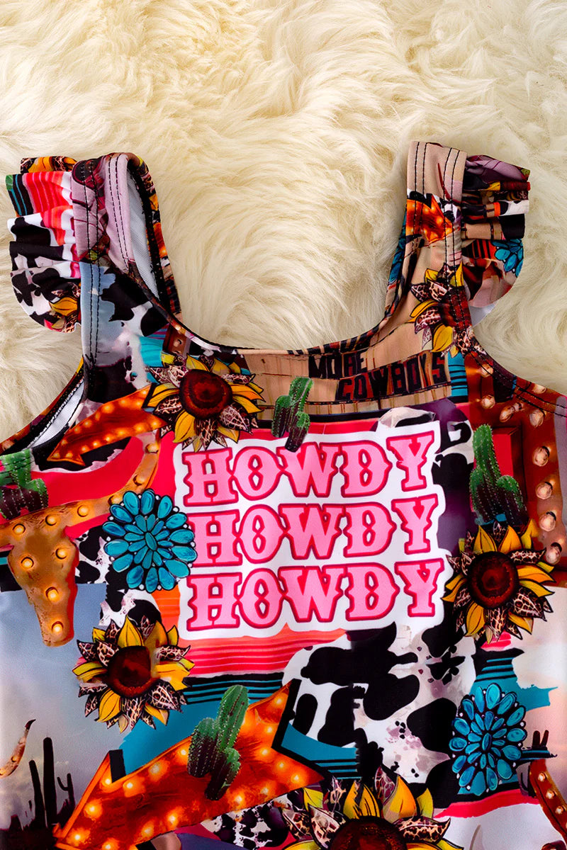"Howdy Howdy" Western printed swimsuit.