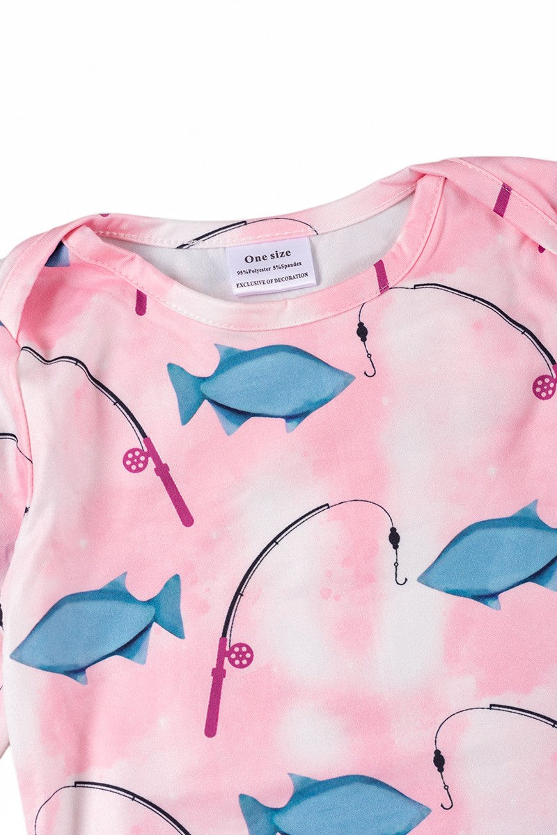 Pink fishing printed baby gown.