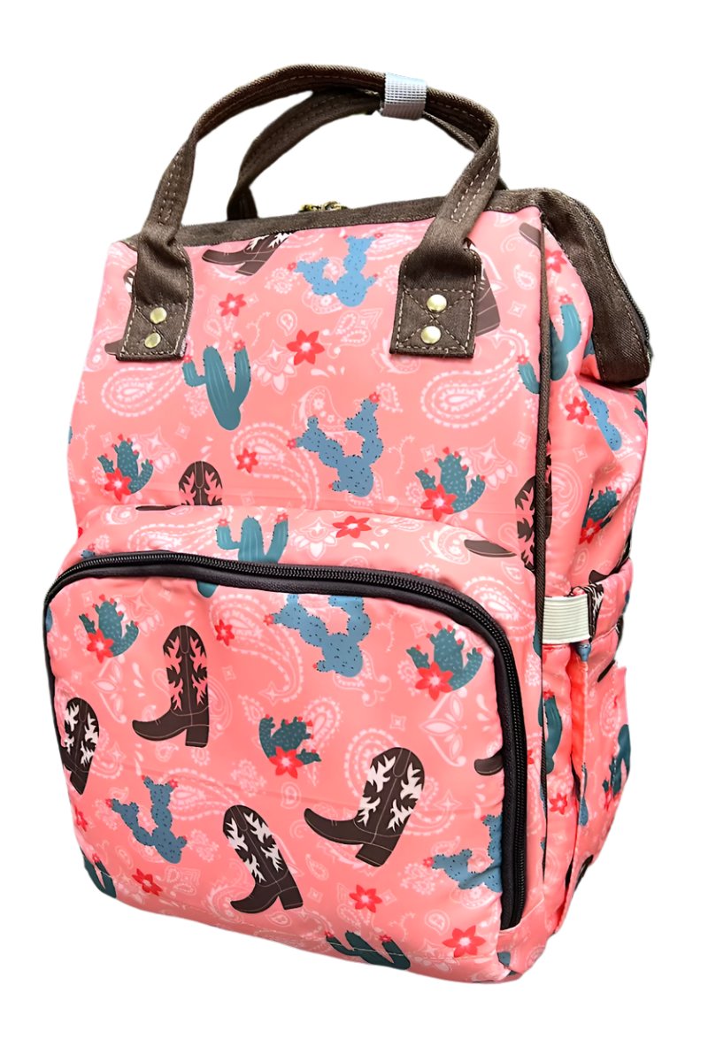 Western pattern on coral diaper bag.