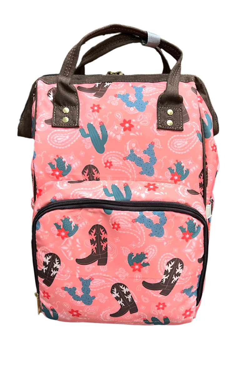 Western pattern on coral diaper bag.