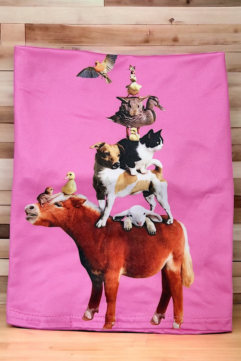 Animal printed on pink tee-shirt.