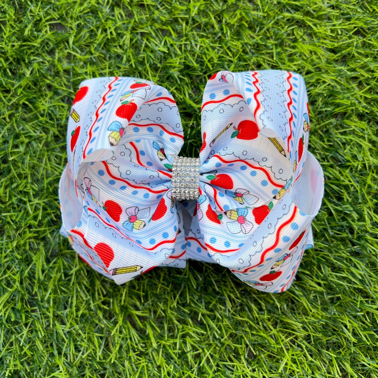 Blue stripe dot, pencil & apple printed hair bows. BW-DSG-5135