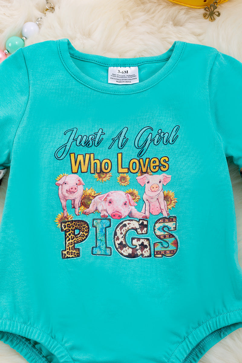 "Just a girl who loves pigs" turquoise baby onesie.