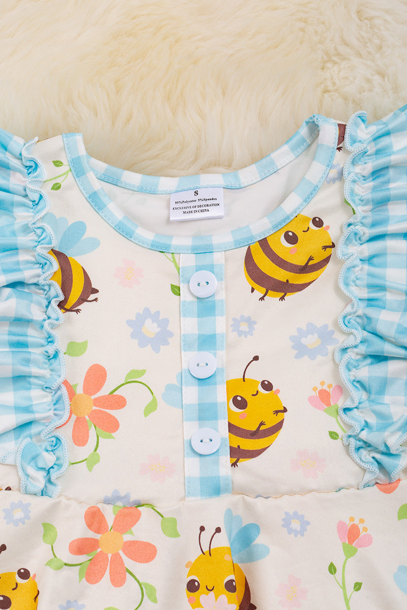 Bee and Blue Gingham Printed Ruffle Dress
