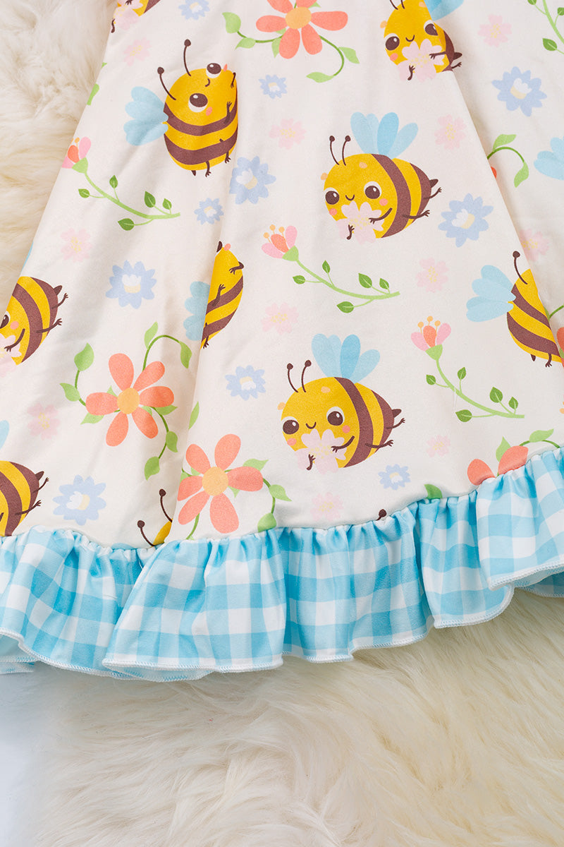 Bee and Blue Gingham Printed Ruffle Dress