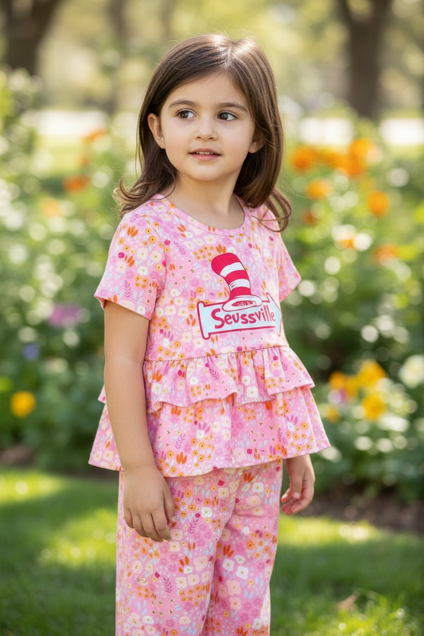 Seussville ruffle tunic and straight pants.