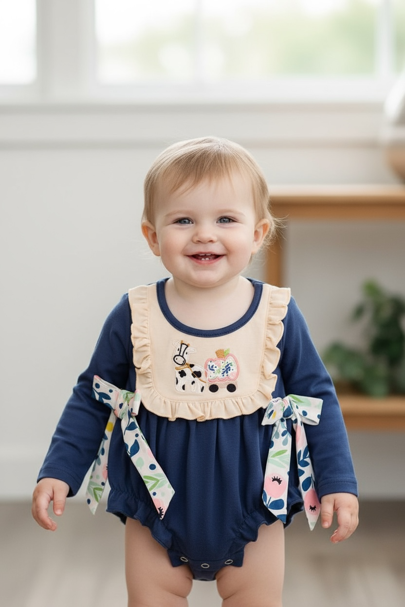 Navy blue cow applique baby onesie with snaps.