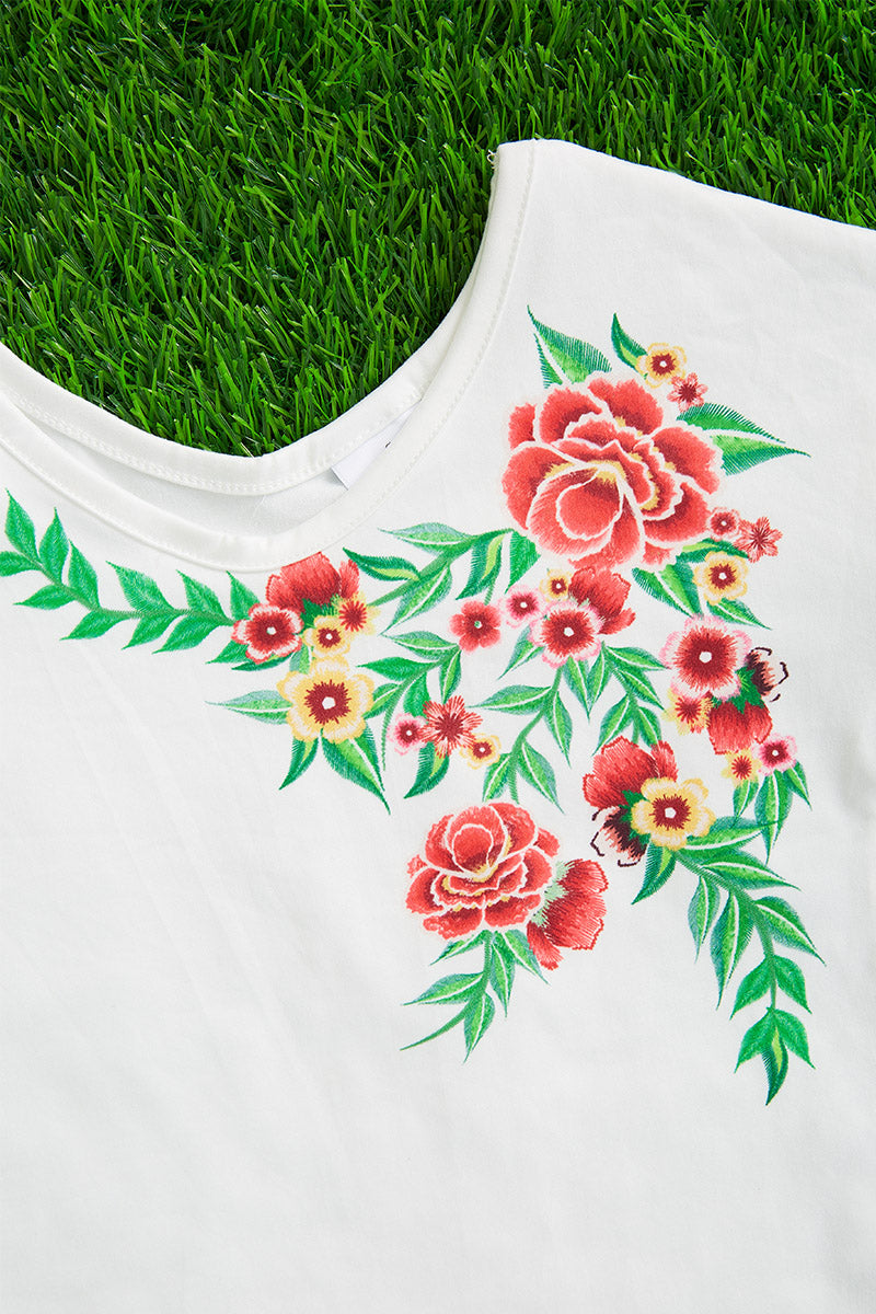 Faux embroidered floral top w/ ruffle sleeves