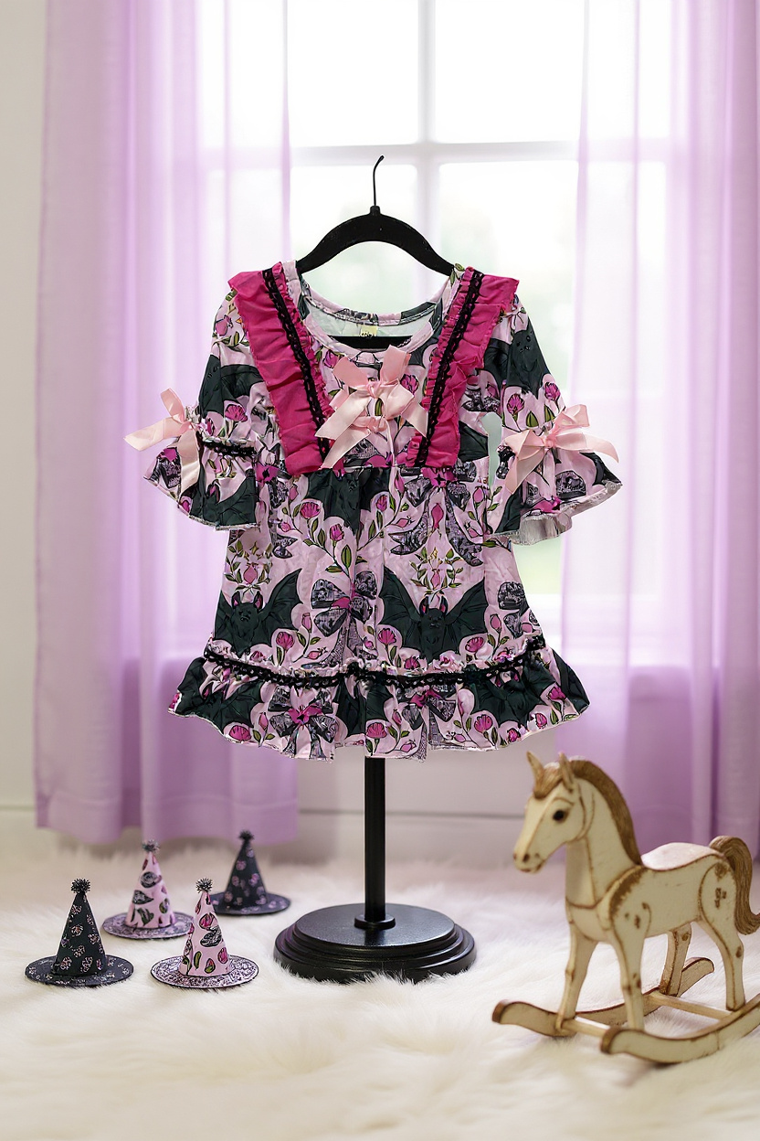 Bat multi printed girls ruffle hem dress.