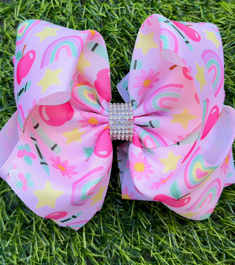 Lt. Pink, pink apple, rainbow & star printed hair bows. BW-DSG-5141