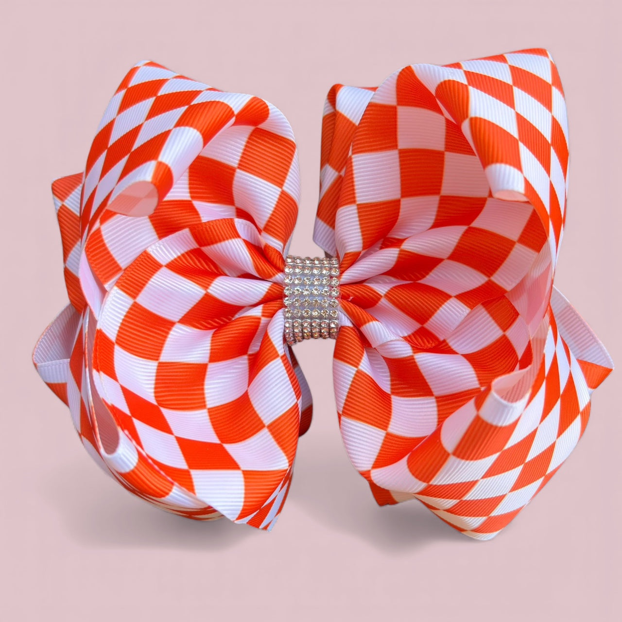6.5" Orange & white checkered printed double layer hairbow.