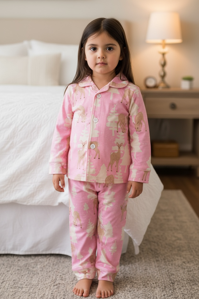 Christmas tree printed on pink girls pajamas.