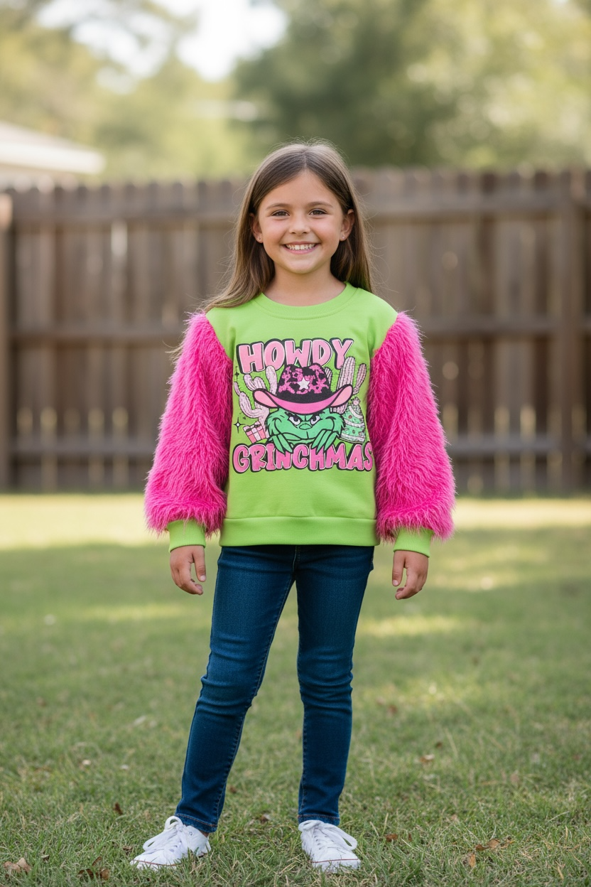 Howdy Grinchmas" Green and pink faux fur sleeve Christmas character sweatshirt.