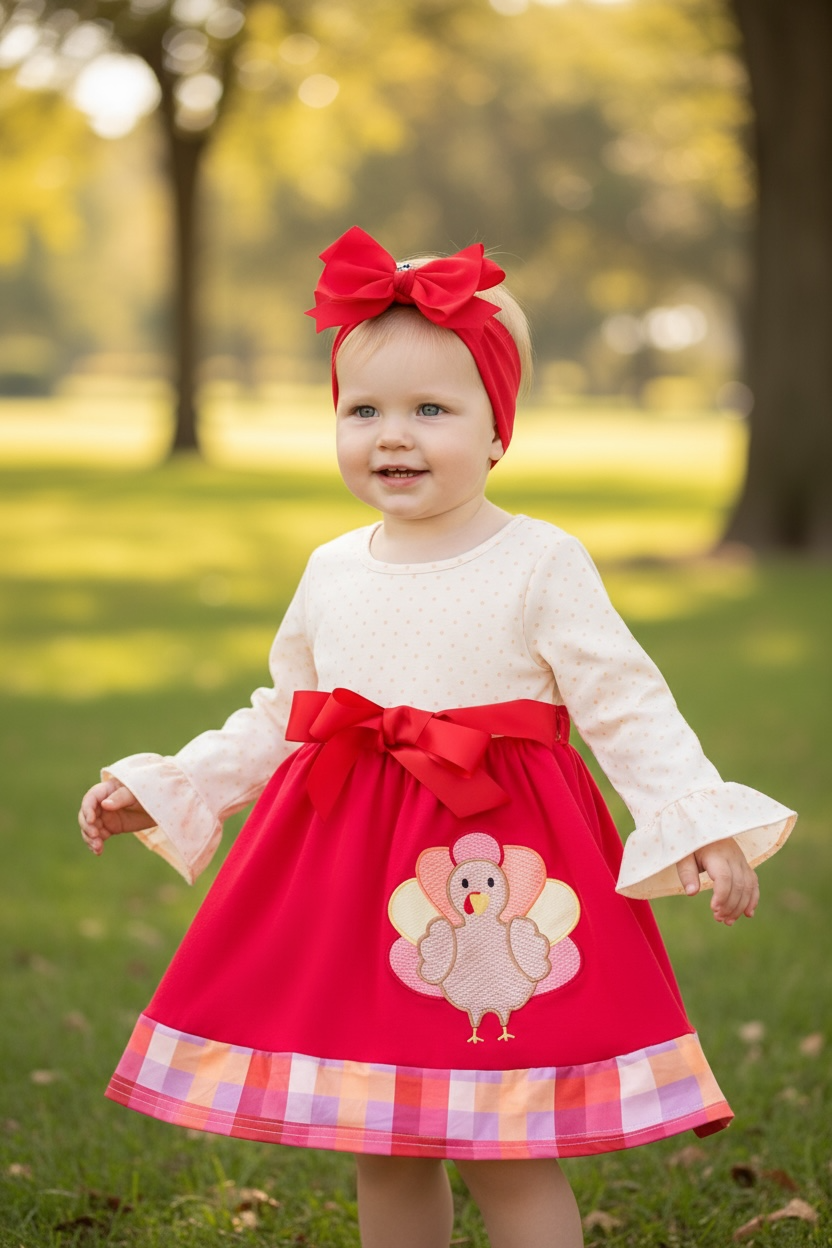 Turkey applique on fuchsia-cream dress.