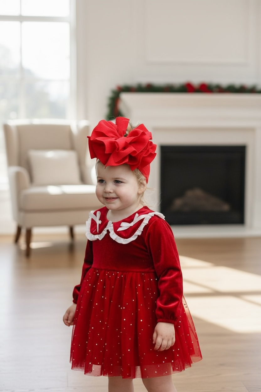 Shimmery red dress with fancy velvety fabric.