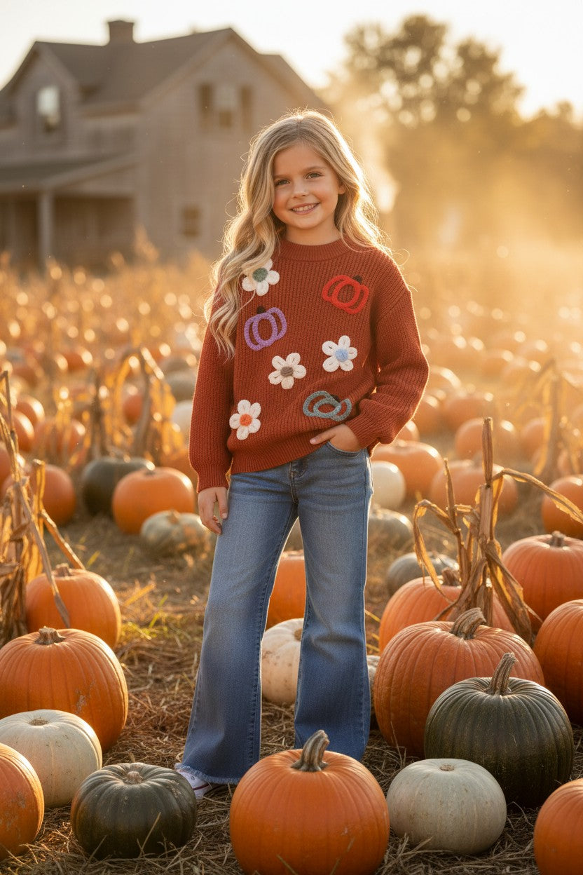 Flower & pumpkin embroidered on knitted sweater. TPG60459 -A-